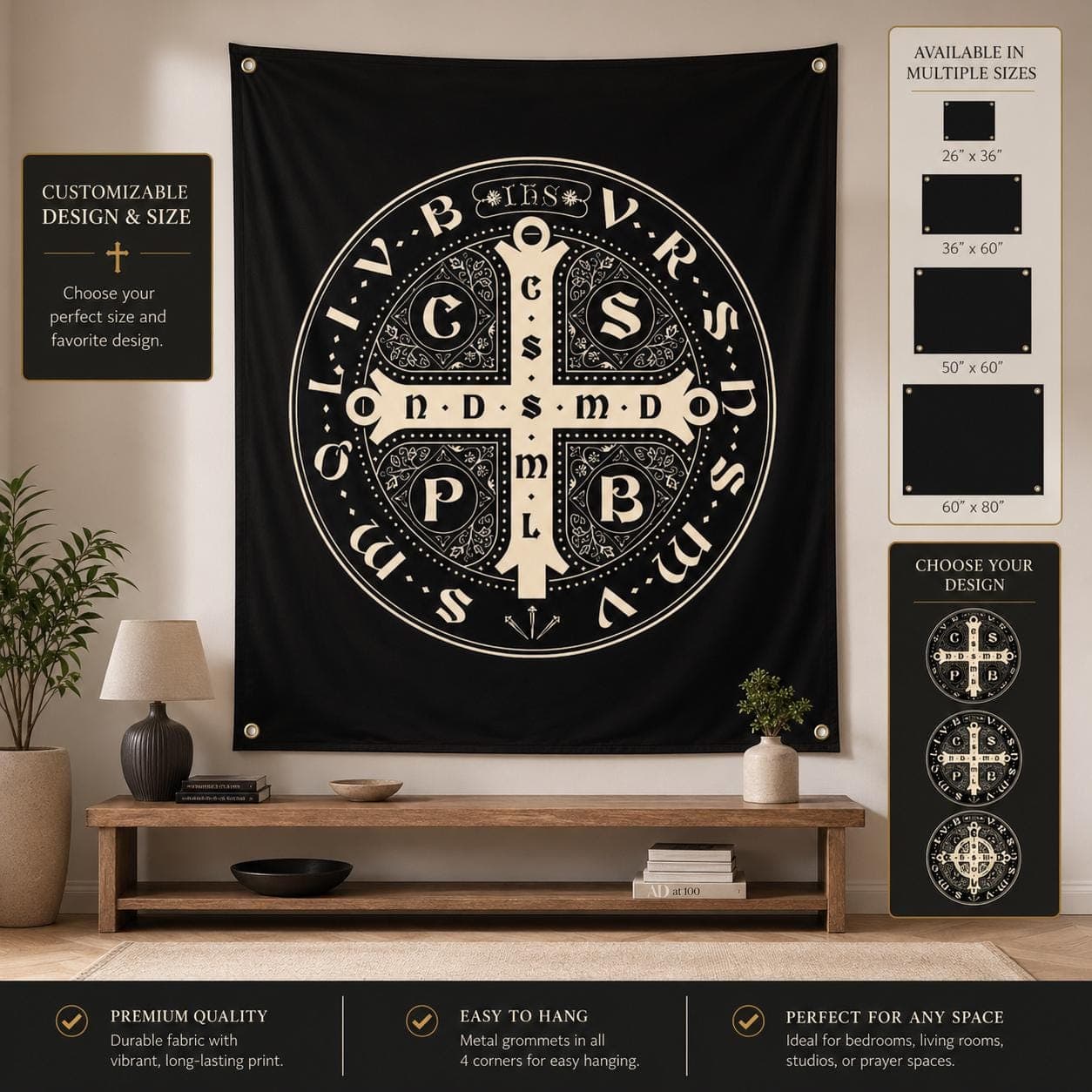 Saint Benedict Medal Tapestry, Catholic Home Decor, Protection Cross Wall Art, Gothic Dark Academia Room Decor, Christian Religious Gift - image 4