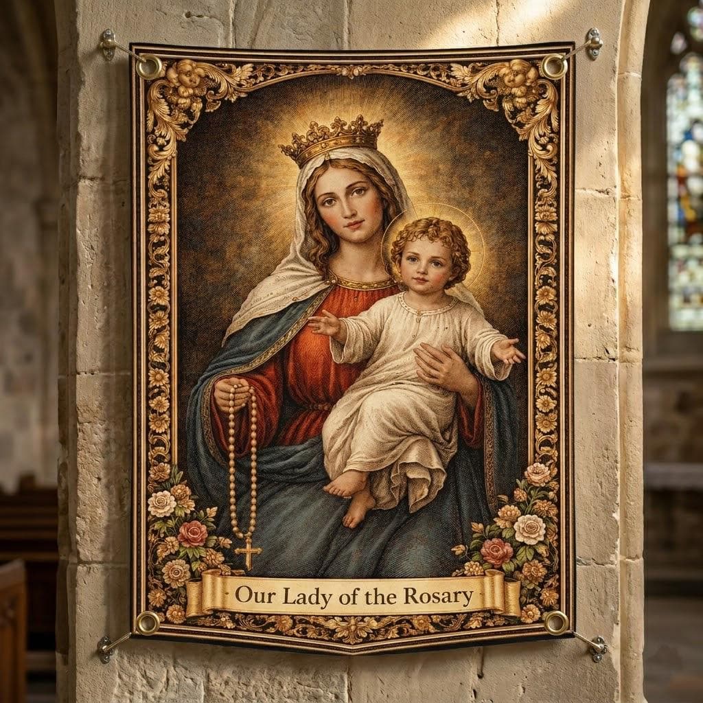 Vintage Our Lady of the Rosary Tapestry, Catholic Prayer Room Decor, Blessed Virgin Mary Wall Hanging, Christian Gift Religious Wall Art