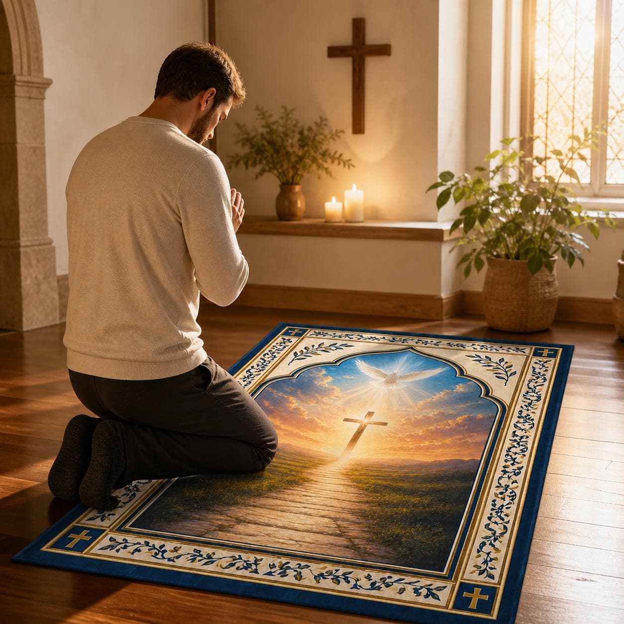 Christian Prayer Mat, Holy Spirit Kneeling Pad, Cross War Room Decor, Catholic Devotional Rug, Religious Baptism Gift, Spiritual Floor Mat - image 3