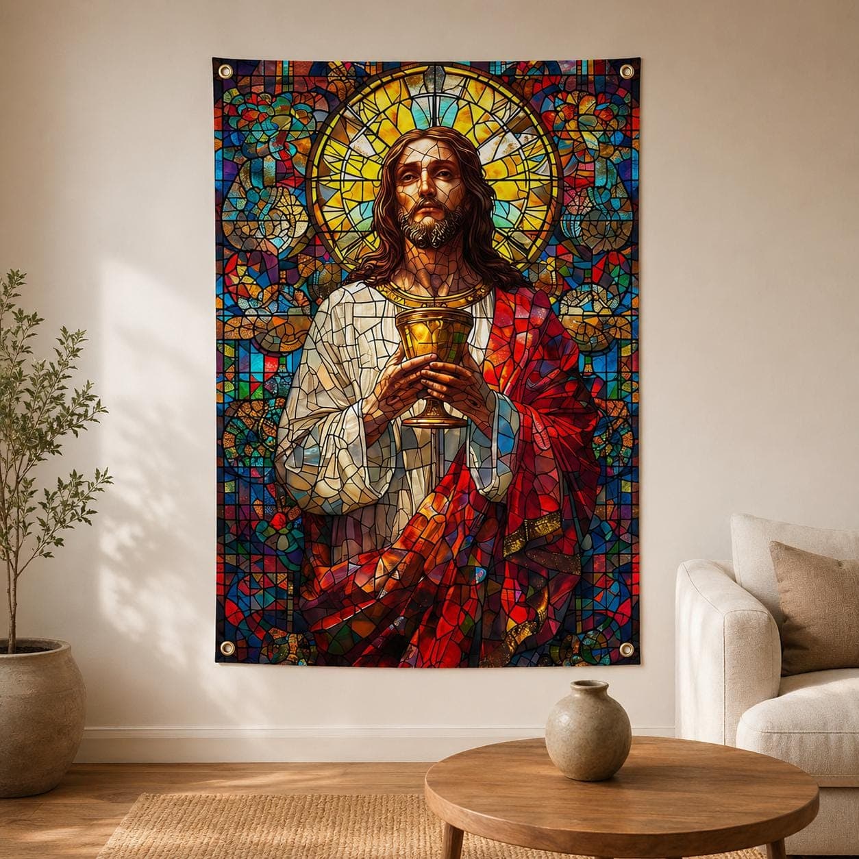 Jesus Christ Stained Glass Tapestry, Christian Wall Art, Catholic Prayer Room Decor, Religious Faux Glass Window Hanging, Spiritual Gift - image 4