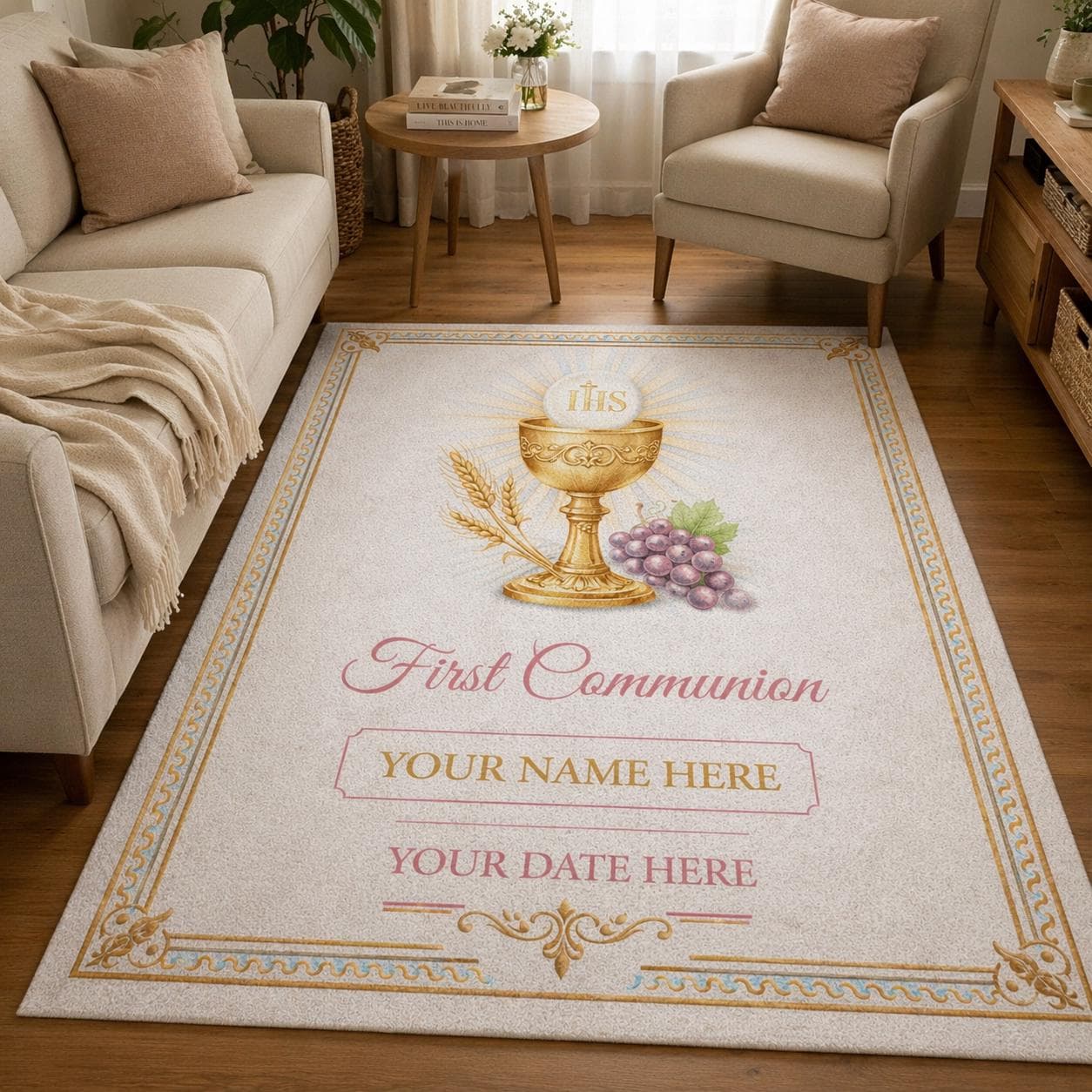 Personalized First Communion Prayer Mat, Catholic Kneeling Rug Keepsake, Custom Eucharist Godchild Gift, Christian Name Date Decor - image 3