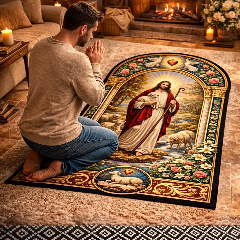 Jesus Good Shepherd Christian Prayer Rug, Catholic Kneeling Mat for Home Altar, Sacred Heart Religious Gift, Vintage Devotional Decor - image 5