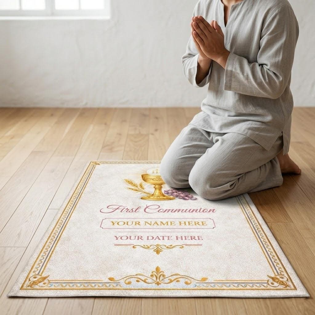 Personalized First Communion Prayer Mat, Catholic Kneeling Rug Keepsake, Custom Eucharist Godchild Gift, Christian Name Date Decor - image 4
