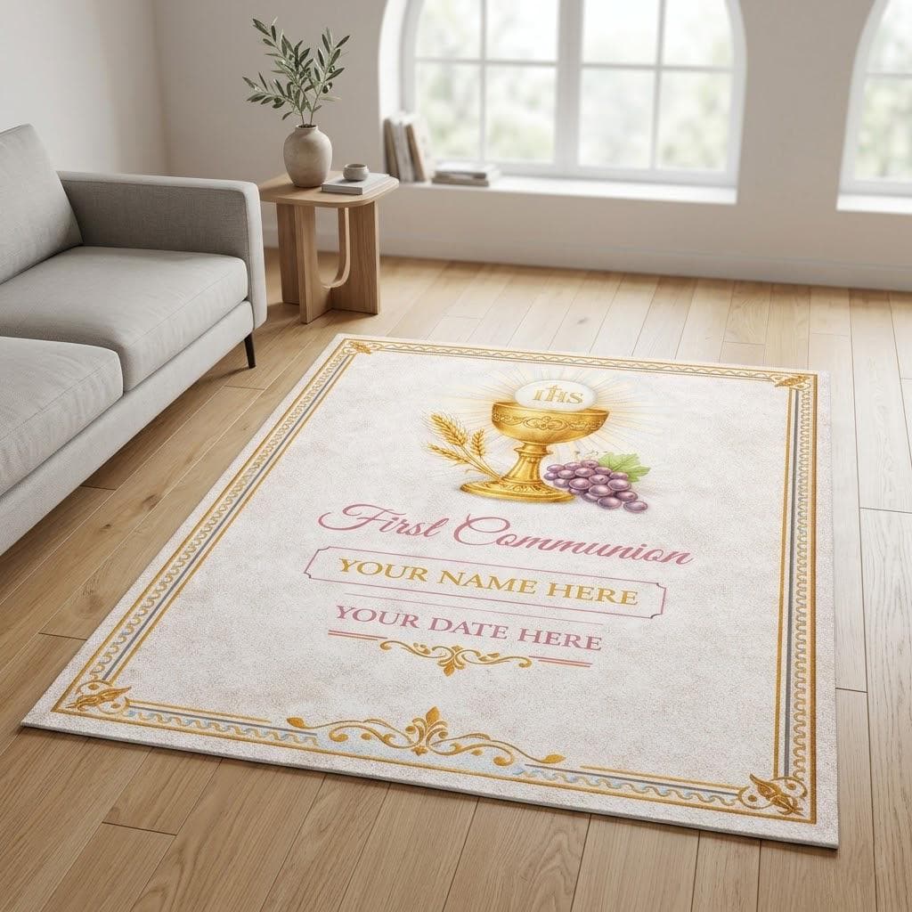 Personalized First Communion Prayer Mat, Catholic Kneeling Rug Keepsake, Custom Eucharist Godchild Gift, Christian Name Date Decor - image 5