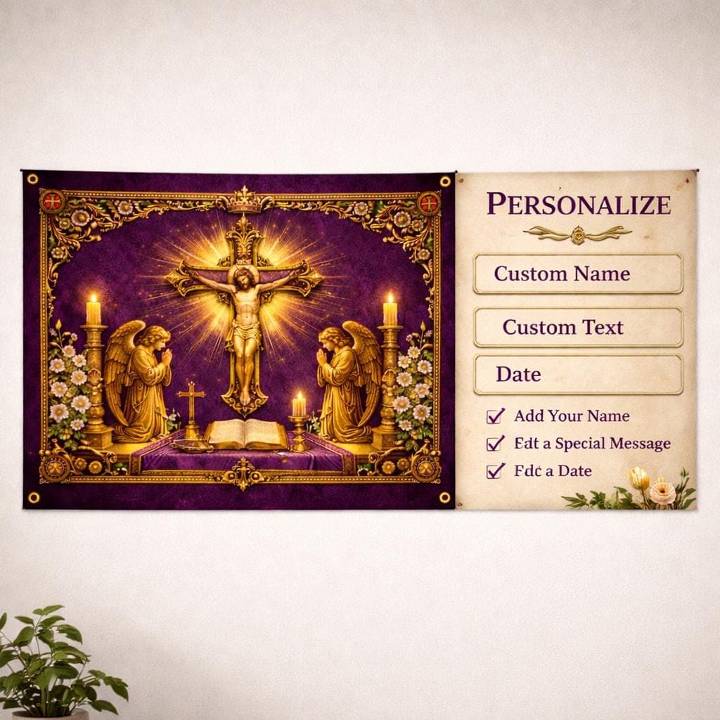 Jesus Christ Crucifixion Tapestry, Vintage Gold Catholic Wall Decor, Praying Angels Religious Wall Hanging, Christian Home Gift Banner - image 5