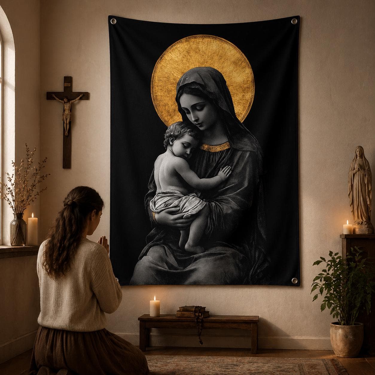 Virgin Mary Tapestry, Catholic Wall Art, Madonna and Child Wall Hanging, Dark Academia Decor, Christian Baptism Gift, Black and Gold Art - image 3