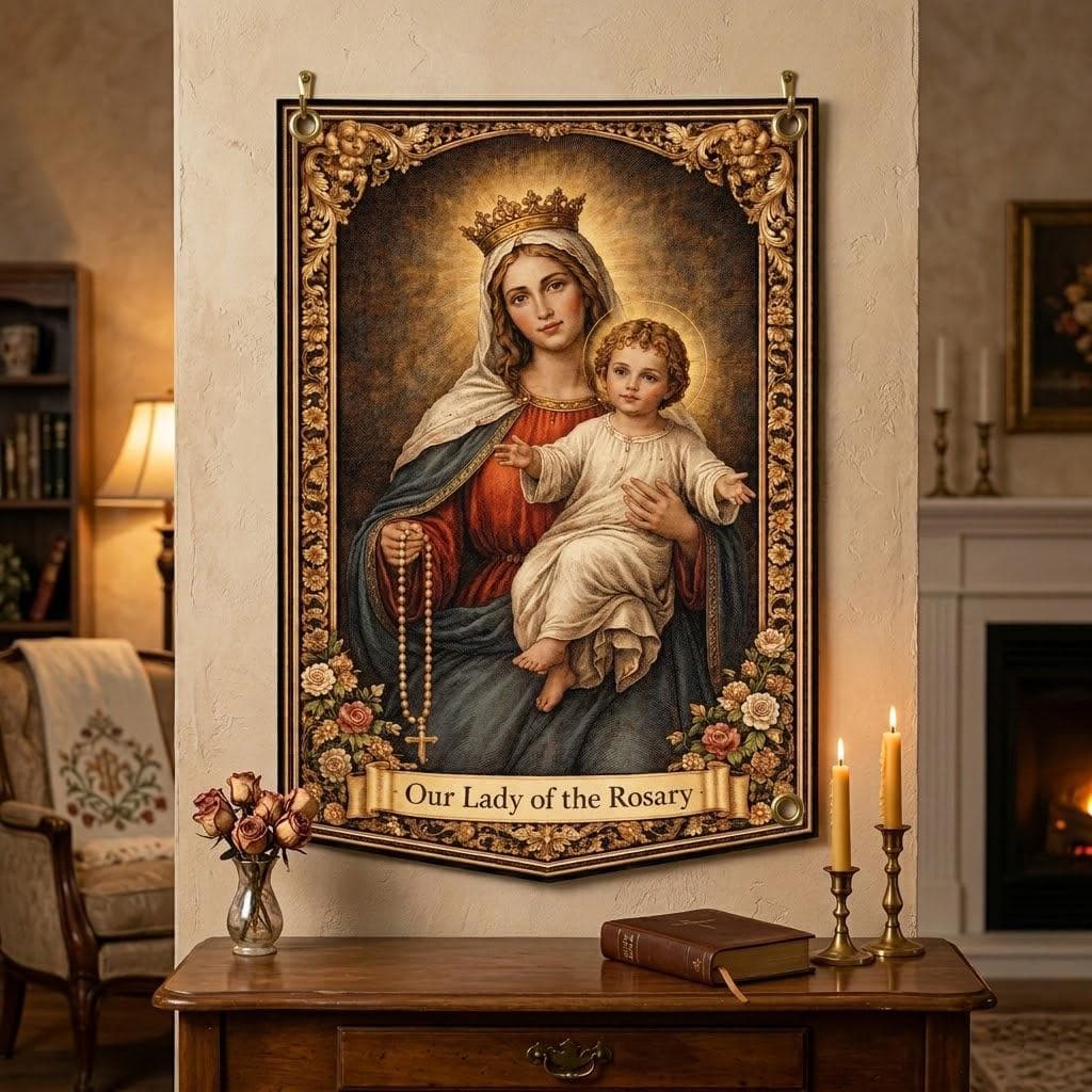 Vintage Our Lady of the Rosary Tapestry, Catholic Prayer Room Decor, Blessed Virgin Mary Wall Hanging, Christian Gift Religious Wall Art - image 4