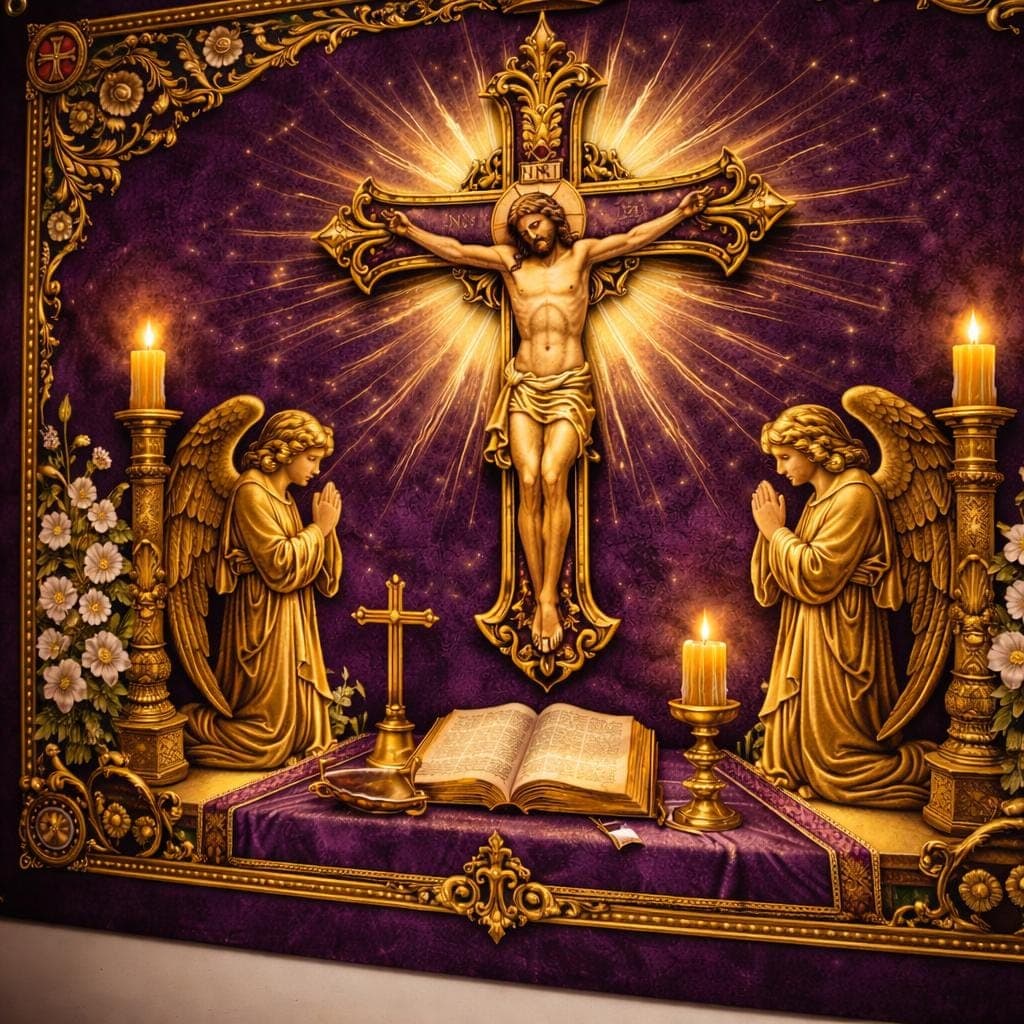 Jesus Christ Crucifixion Tapestry, Vintage Gold Catholic Wall Decor, Praying Angels Religious Wall Hanging, Christian Home Gift Banner - image 4