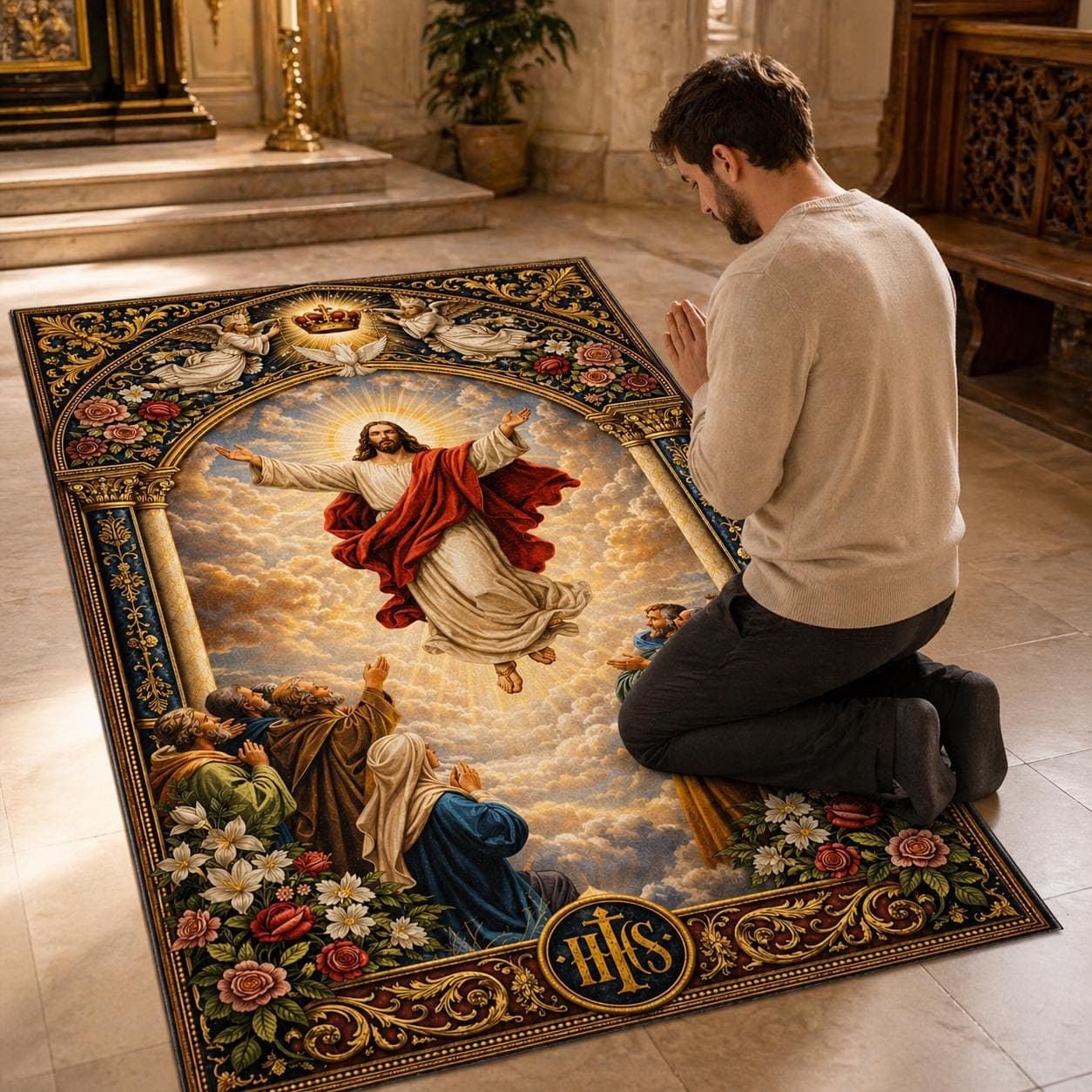 Ascension of Jesus Christian Prayer Mat, Catholic Home Altar Rug, Religious Kneeling Pad, Vintage Art Room Decor, Spiritual Gift for Home - image 3