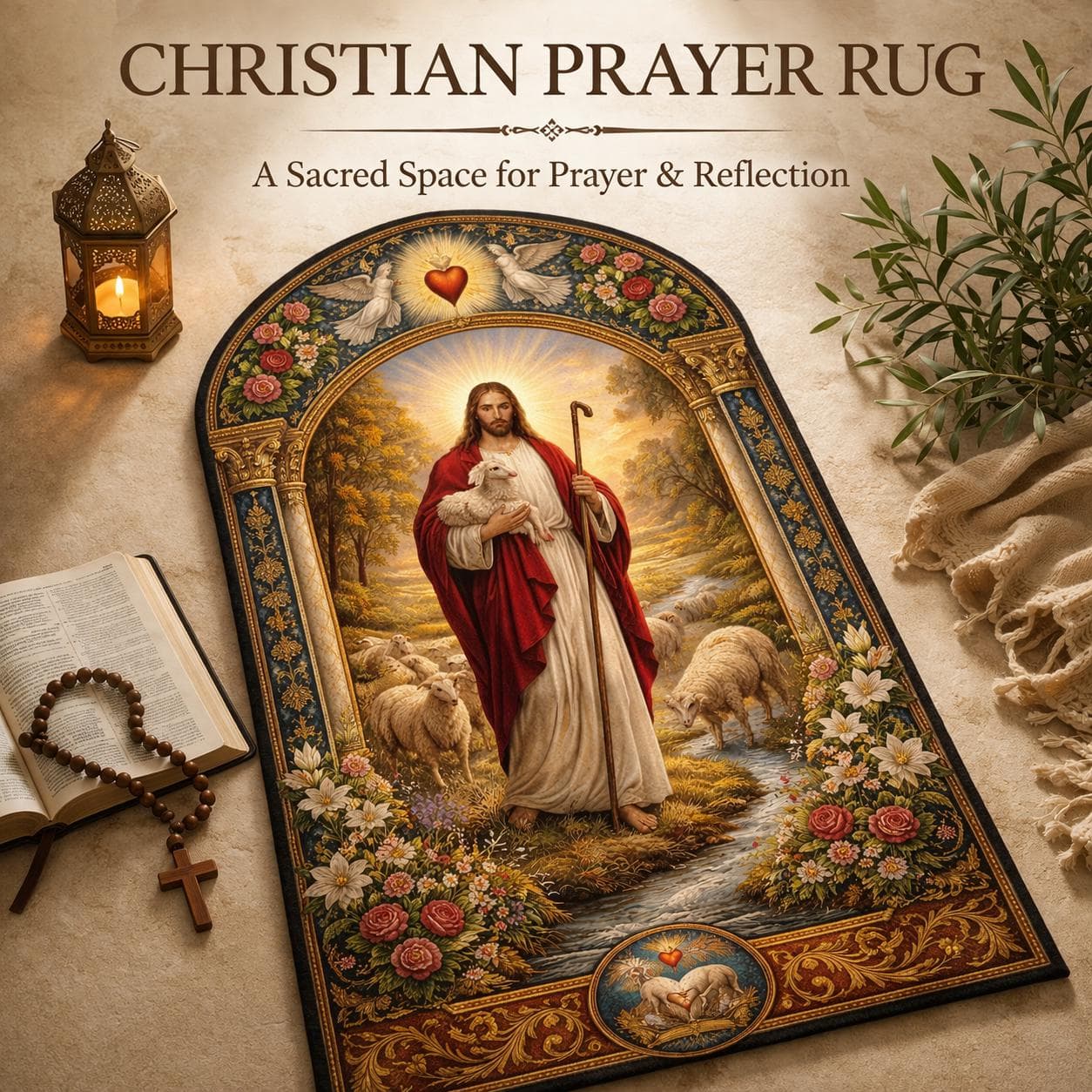 Jesus Good Shepherd Christian Prayer Rug, Catholic Kneeling Mat for Home Altar, Sacred Heart Religious Gift, Vintage Devotional Decor