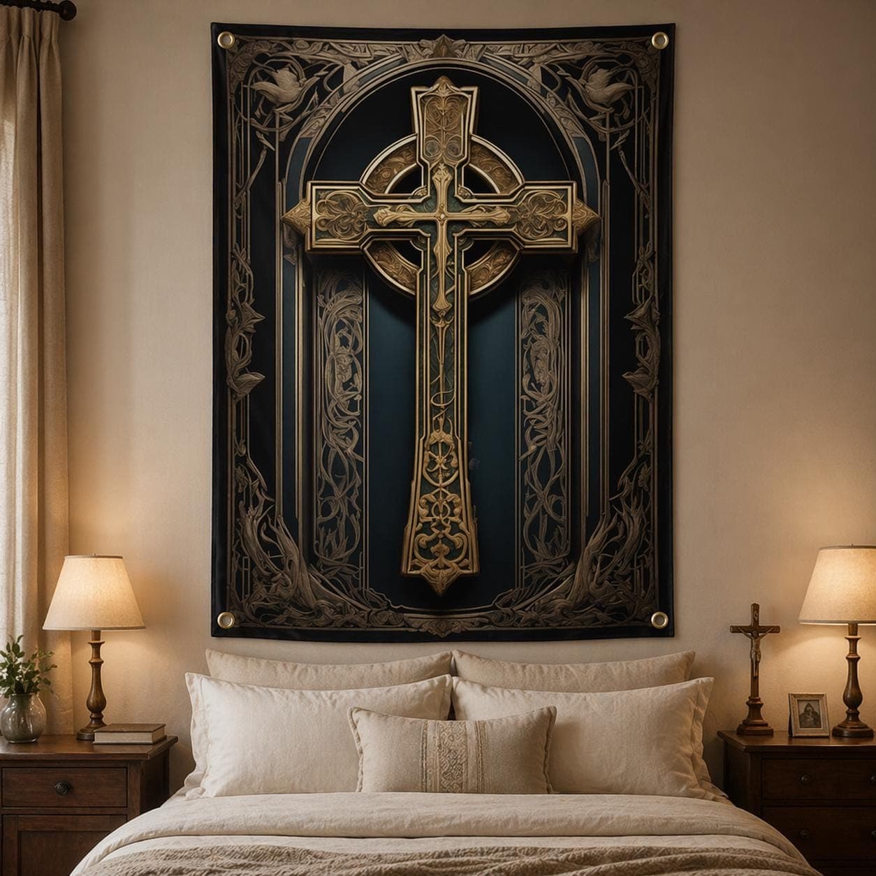 Gothic Celtic Cross Tapestry, Dark Academia Wall Hanging, Medieval Christian Decor, Ornate Gold Fabric Art, Religious Grommet Wall Art - image 5