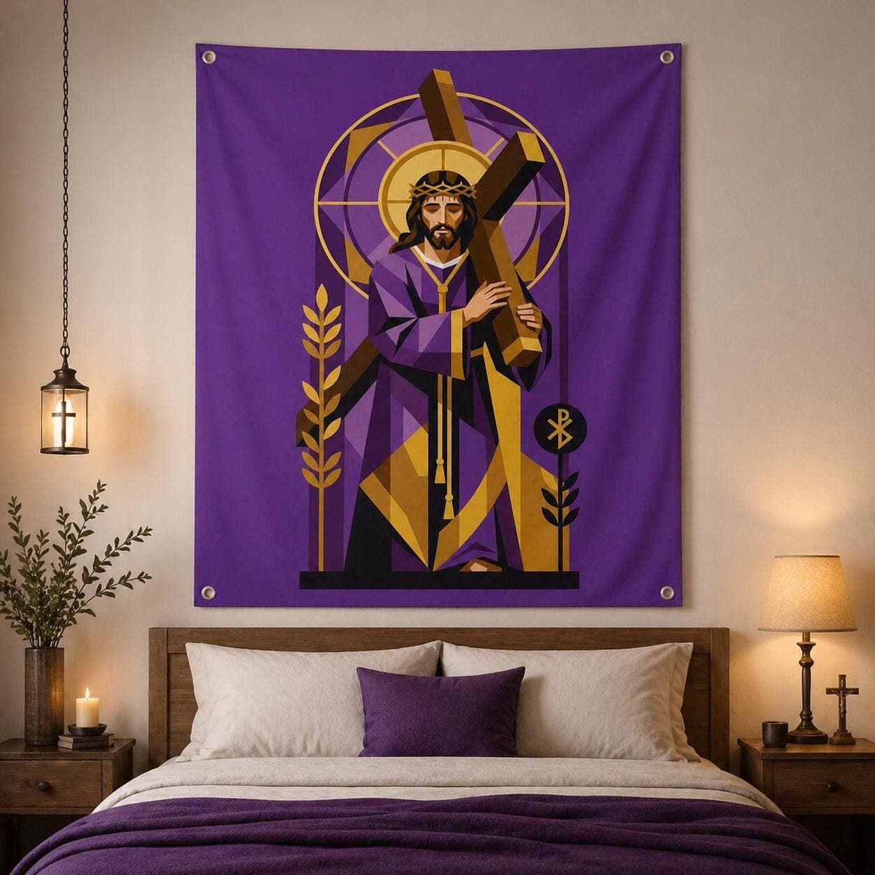 Modern Jesus Tapestry, Geometric Christian Wall Art, Way of the Cross Catholic Decor, Easter Spiritual Gift, Grommet Wall Hanging - image 5