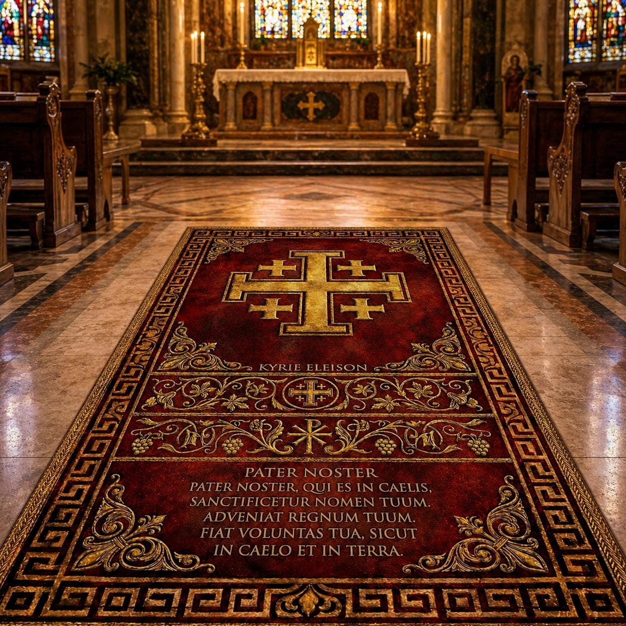 Christian Prayer Rug, Catholic Prayer Mat, Jerusalem Cross Kneeling Pad, Lords Prayer Pater Noster, Sacred Space Decor, Religious Gift