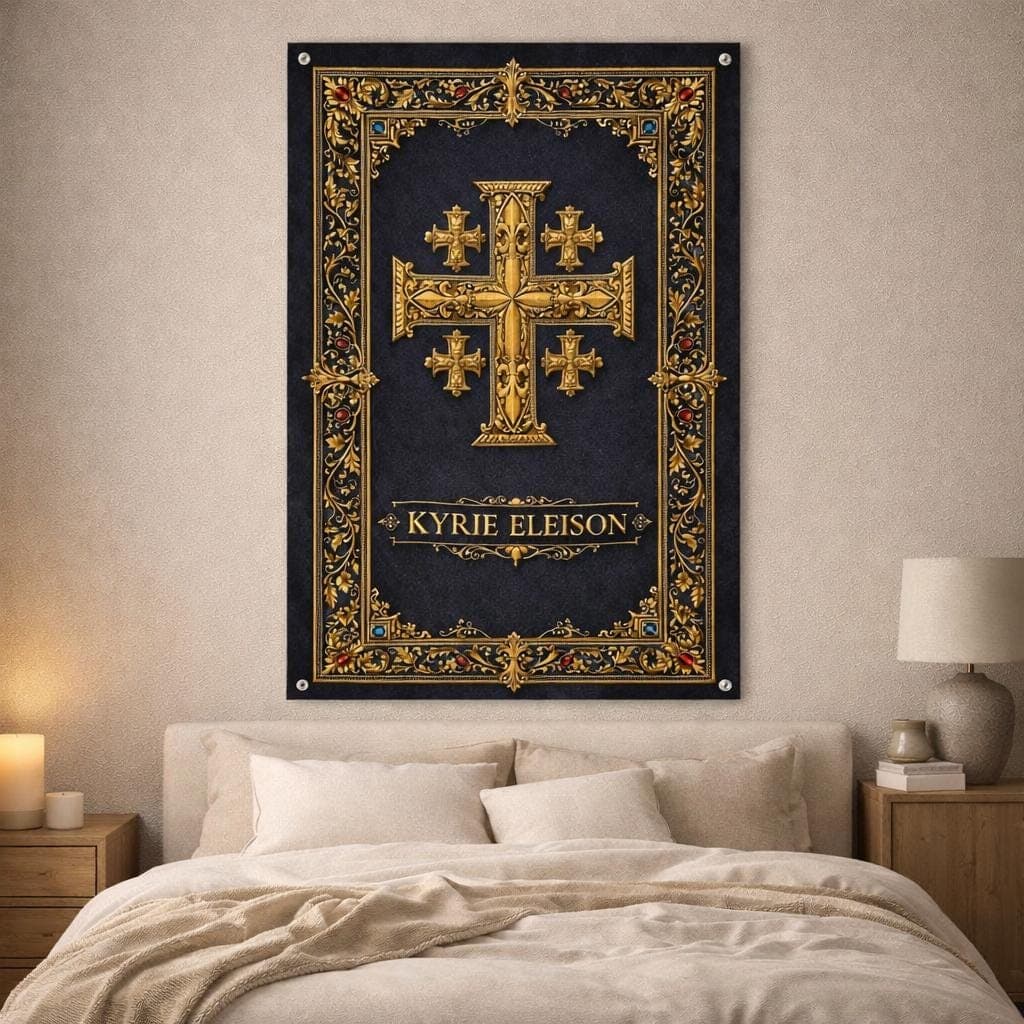 Jerusalem Cross Tapestry, Kyrie Eleison Christian Wall Art, Dark Academia Catholic Decor, Gothic Religious Gift, Room Hanging - image 3