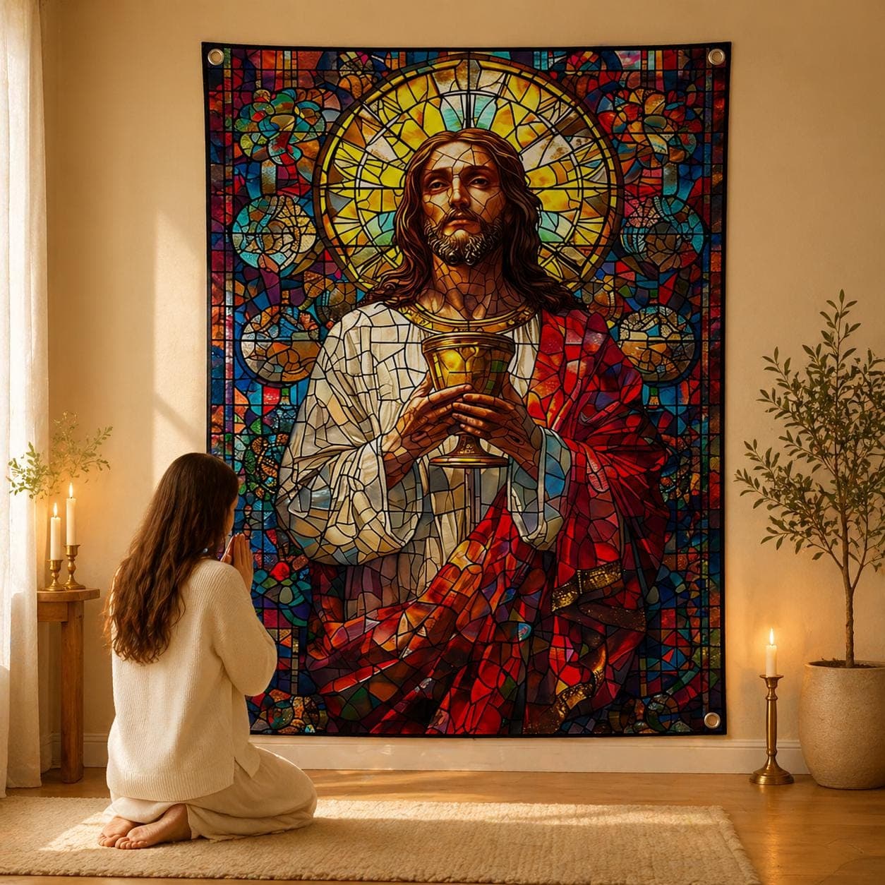 Jesus Christ Stained Glass Tapestry, Christian Wall Art, Catholic Prayer Room Decor, Religious Faux Glass Window Hanging, Spiritual Gift - image 3