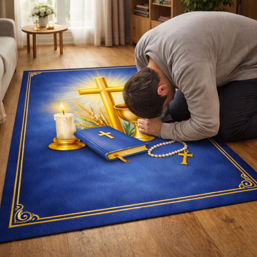 Catholic Prayer Mat, Christian Kneeling Pad, First Communion Gift, Gold Cross Altar Rug, Bible Study Devotional Carpet, Religious Decor - image 4