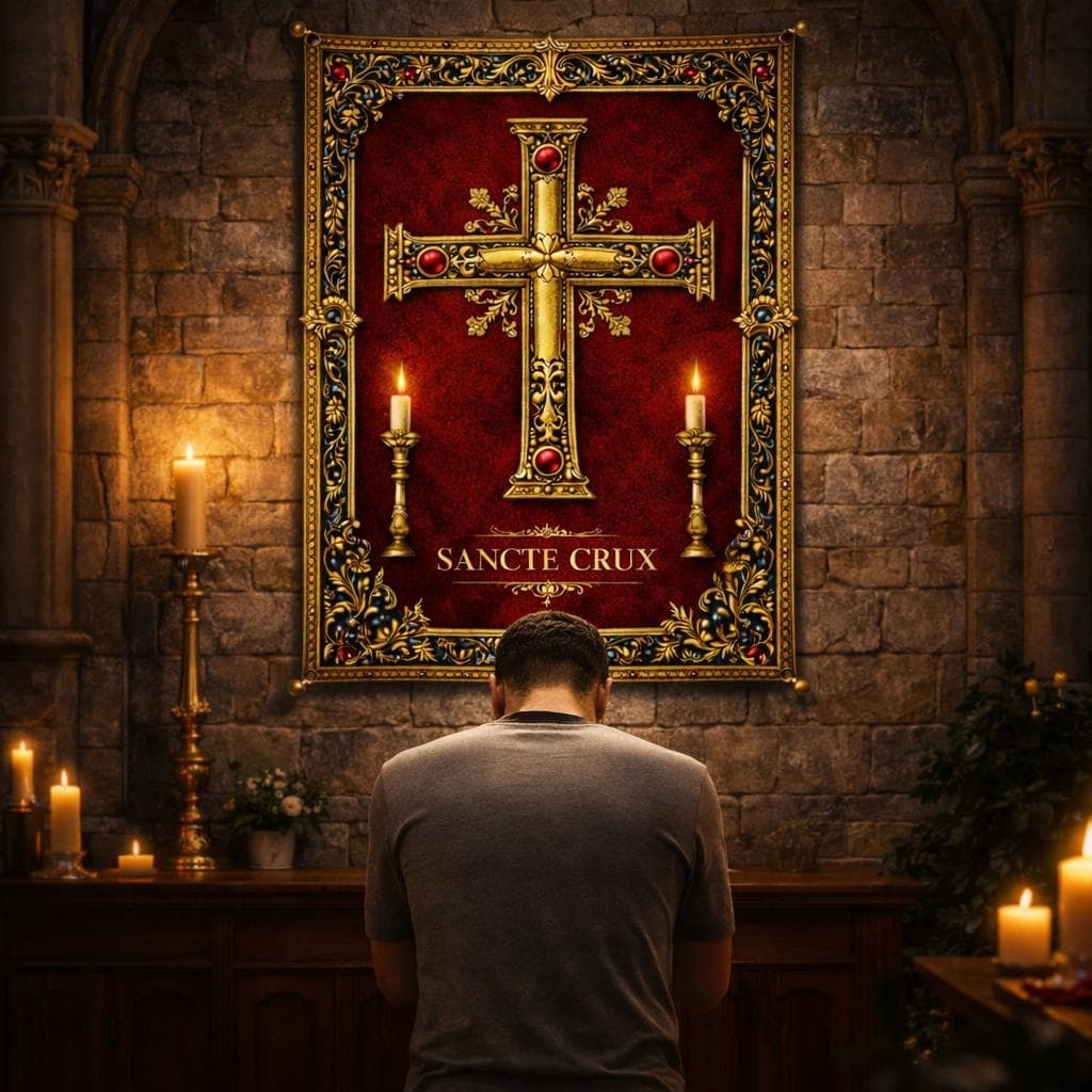 Sancte Crux Tapestry, Ornate Gold Cross Wall Hanging, Medieval Gothic Catholic Decor, Red Christian Religious Art, Prayer Room Gift - image 3
