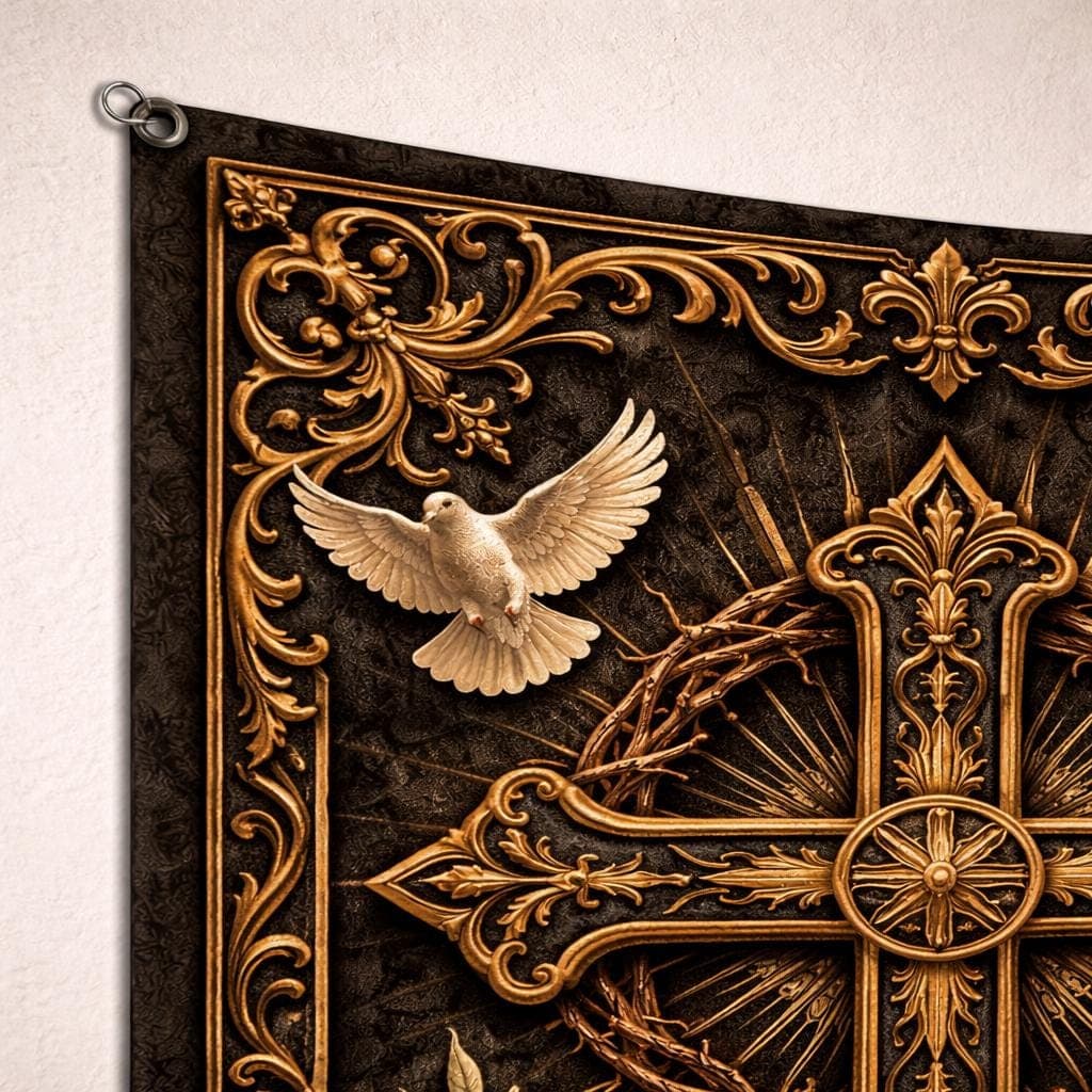 Christian Cross Wall Hanging, Gothic Dark Academia Tapestry, Ornate Gold Religious Decor, Catholic Prayer Room Art, Faithful Gift - image 5