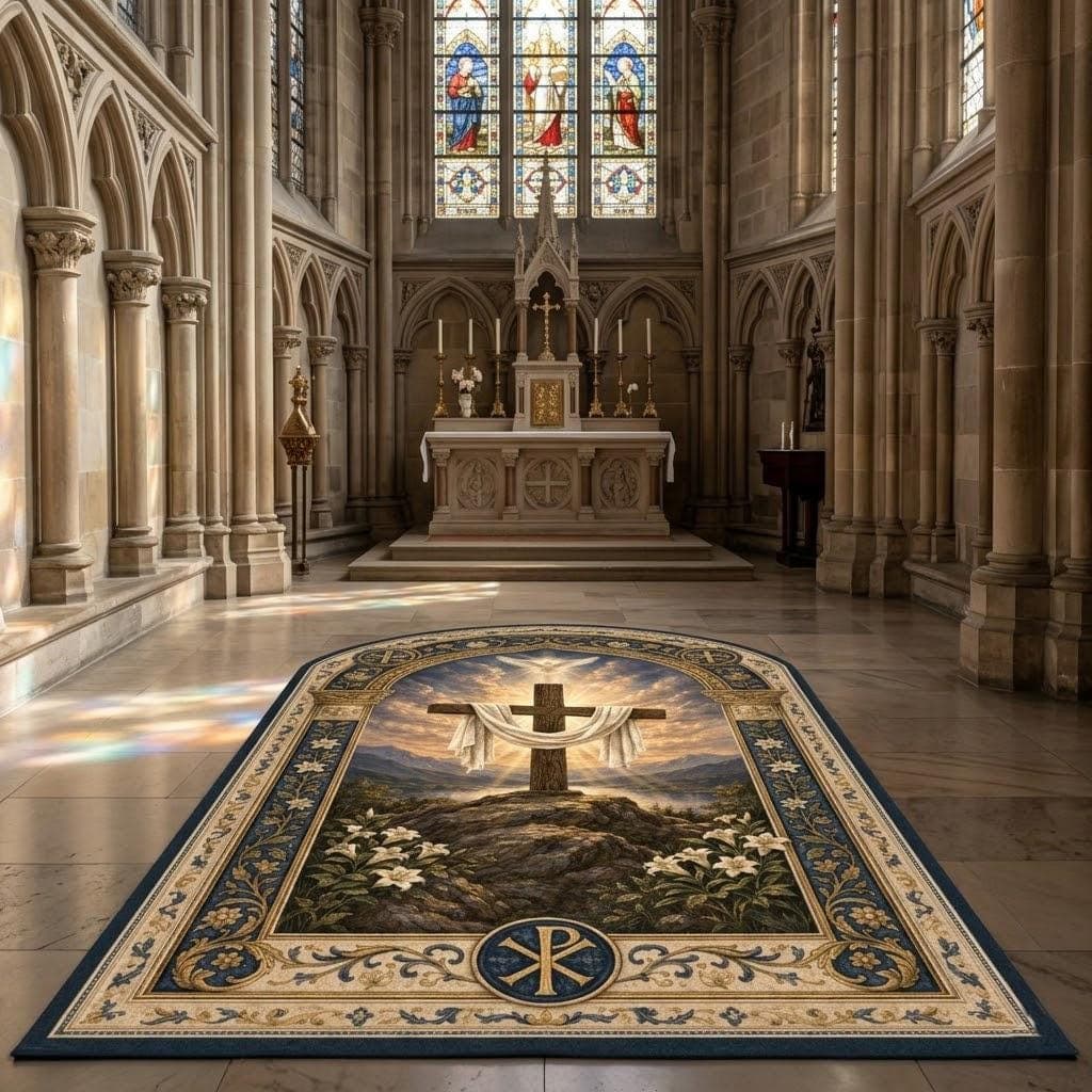 Christian Prayer Rug with Cross, Catholic Kneeling Mat for Prayer Room, Spiritual Gift & Sacred Space Decor, Religious Home Altar Mat