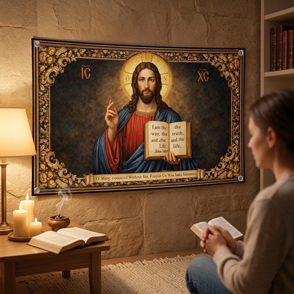 Jesus Christ Tapestry, John 14:6 Wall Art, Christian Home Decor, Vintage Catholic Prayer Room Hanging, Religious Gift, Bible Verse Decor - image 3