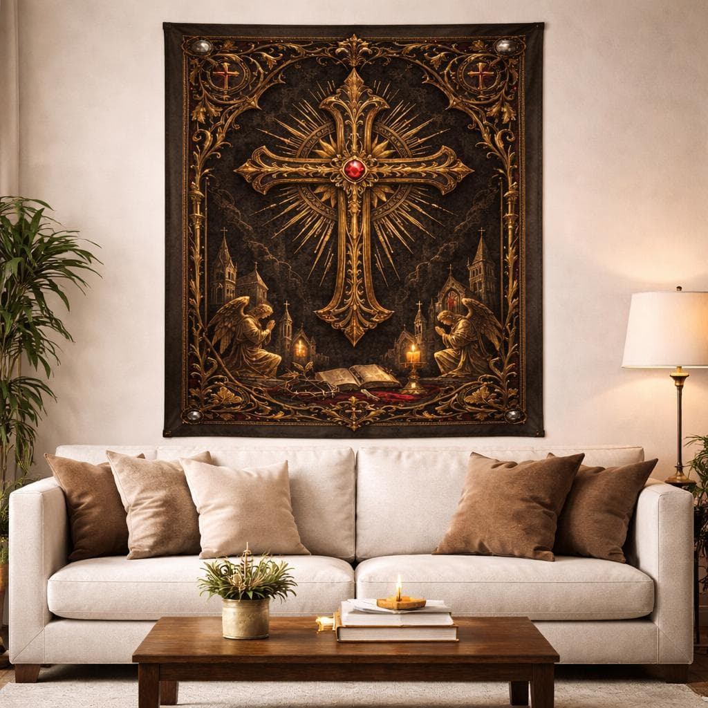 Gothic Christian Cross Tapestry, Vintage Catholic Home Decor, Gold Crucifix Wall Art, Dark Academia Religious Wall Hanging, Spiritual Gift - image 3