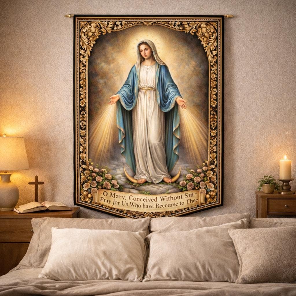 Virgin Mary Tapestry, Our Lady of Grace Wall Hanging, Vintage Catholic Decor, Blessed Mother Religious Art, Christian Catholic Gift - image 5