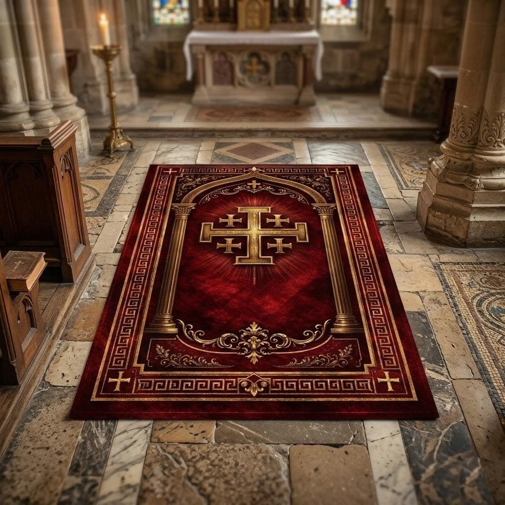 Christian Prayer Rug, Jerusalem Cross Kneeling Mat, Catholic Sacred Space Decor, Red Gold Orthodox Carpet & Spiritual Devotional Gift
