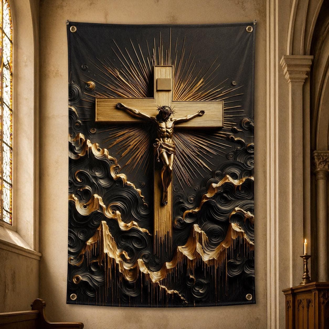 Jesus Christ Crucifix Wall Tapestry, 3D Black Gold Christian Home Decor, Catholic Cross Wall Hanging Rug, Modern Religious Prayer Art