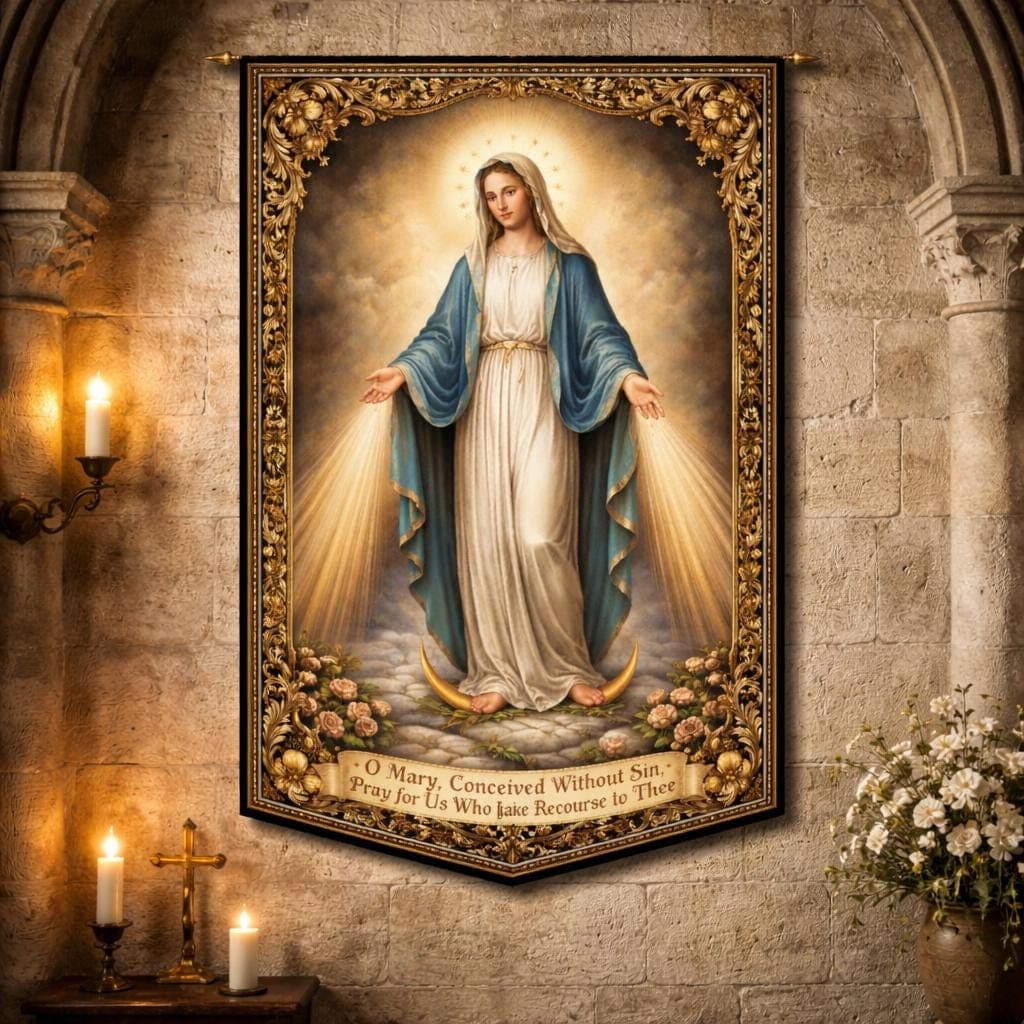 Virgin Mary Tapestry, Our Lady of Grace Wall Hanging, Vintage Catholic Decor, Blessed Mother Religious Art, Christian Catholic Gift