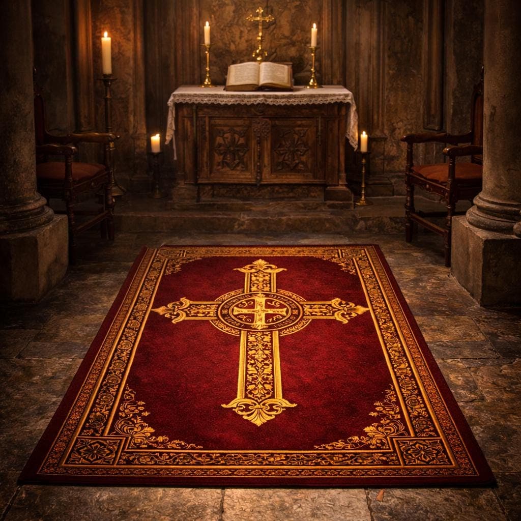 St Benedict Cross Rug, Catholic Prayer Rug, Saint Benedict Prayer Mat, Christian Prayer Rug, Religious Prayer Carpet, Catholic Decor Rug - image 4