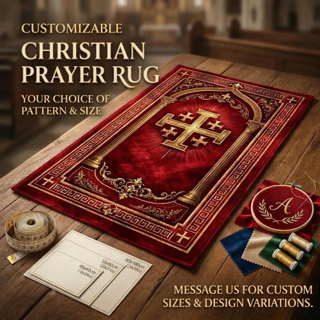 Christian Prayer Rug, Jerusalem Cross Kneeling Mat, Catholic Sacred Space Decor, Red Gold Orthodox Carpet & Spiritual Devotional Gift - image 5