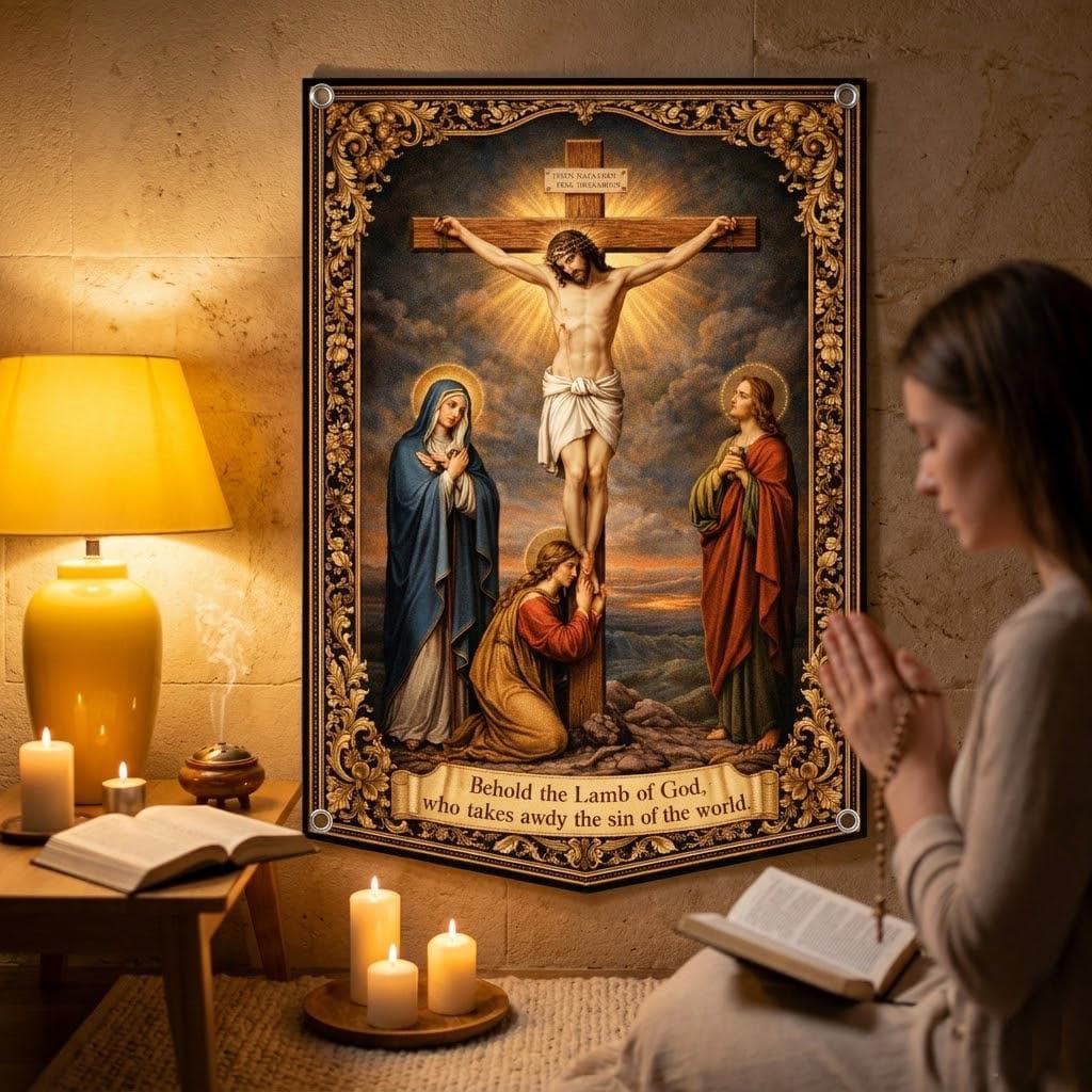 Jesus Crucifixion Tapestry Vintage Catholic Wall Art Lamb of God Christian Home Decor Bible Verse Wall Hanging Religious Gift Cross Decor - image 3