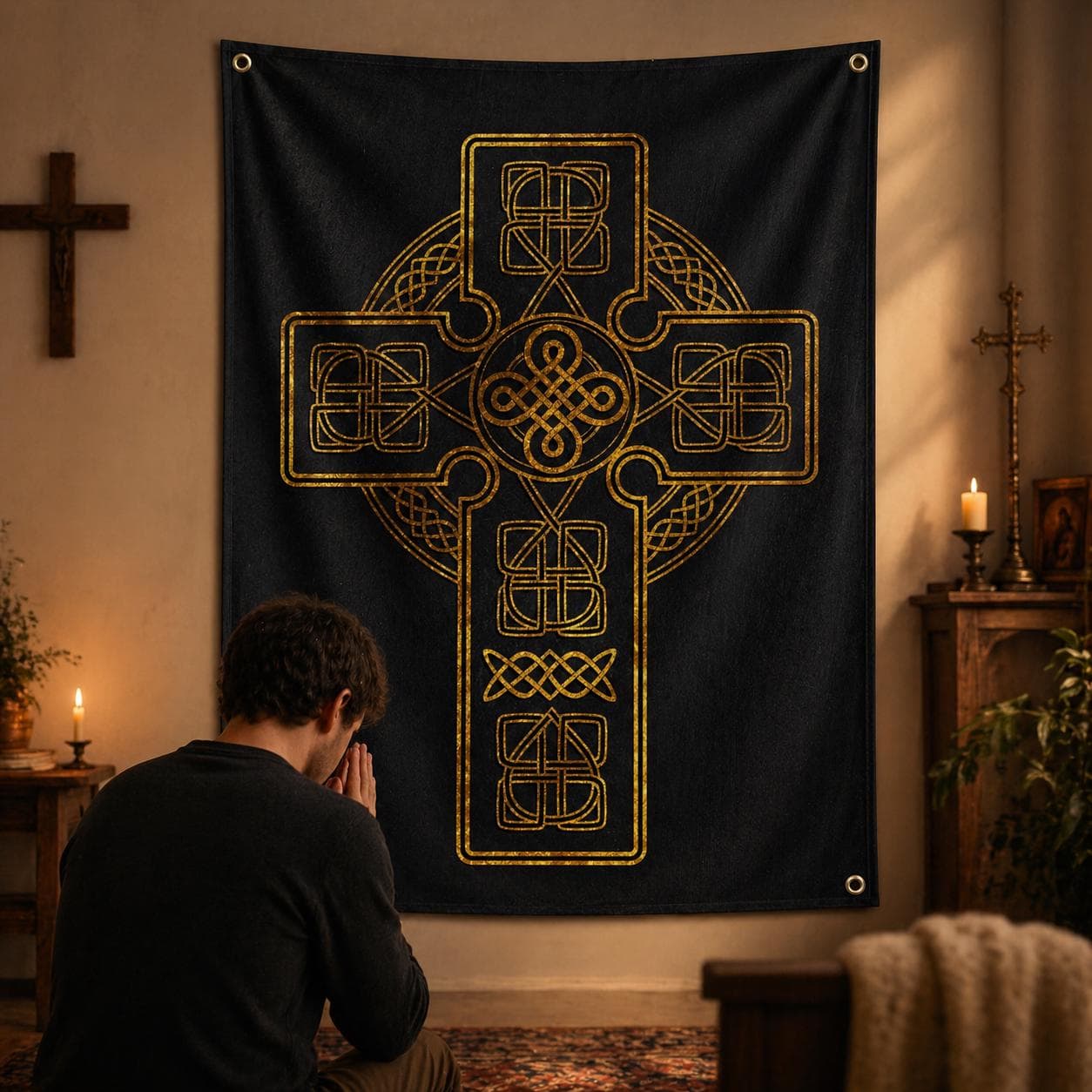 Black and Gold Celtic Cross Tapestry, Irish Catholic Wall Hanging, Gothic Dark Academia Room Decor, Christian Religious Home Wall Art - image 3
