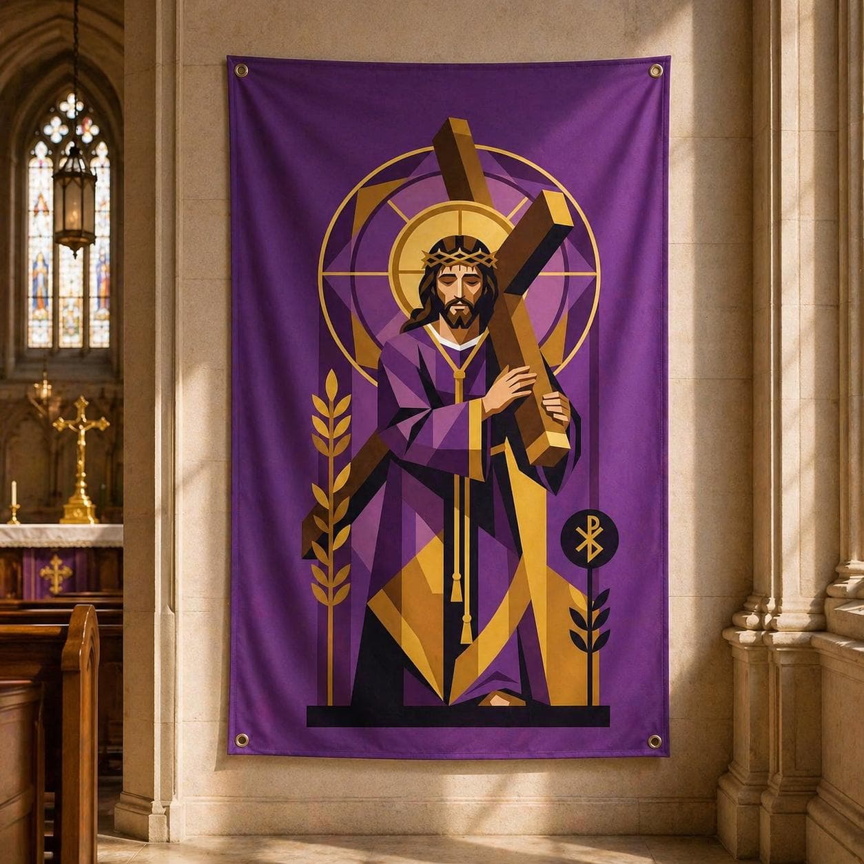 Modern Jesus Tapestry, Geometric Christian Wall Art, Way of the Cross Catholic Decor, Easter Spiritual Gift, Grommet Wall Hanging