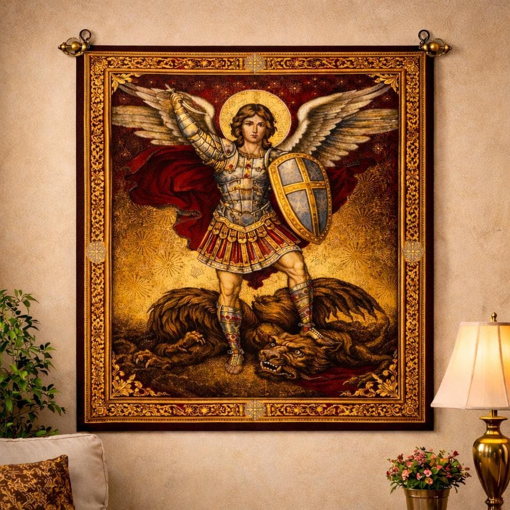 St Michael Archangel Tapestry, Catholic Wall Art, Christian Home Decor, Renaissance Religious Wall Hanging, Confirmation Gift, San Miguel