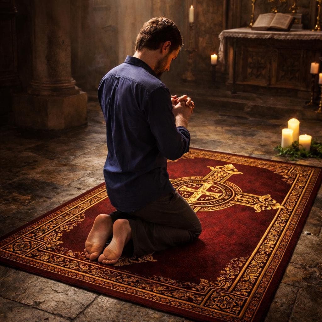 St Benedict Cross Rug, Catholic Prayer Rug, Saint Benedict Prayer Mat, Christian Prayer Rug, Religious Prayer Carpet, Catholic Decor Rug - image 3