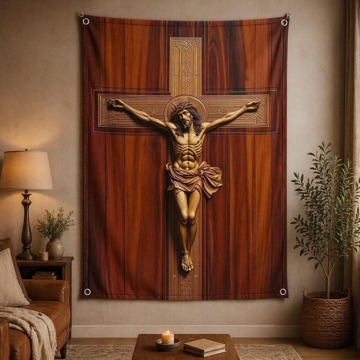 Jesus Christ Crucifix Wall Tapestry, 3D Wood Carving Effect Christian Wall Art, Catholic Religious Gift, Faux Wood Cross Hanging Wall Rug - image 5