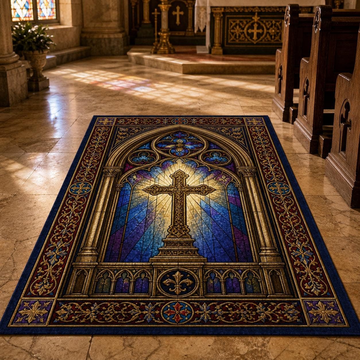 Stained Glass Cross Christian Prayer Mat Catholic Kneeling Rug Church Window Decor Spiritual Devotional Pad Religious Wedding Gift