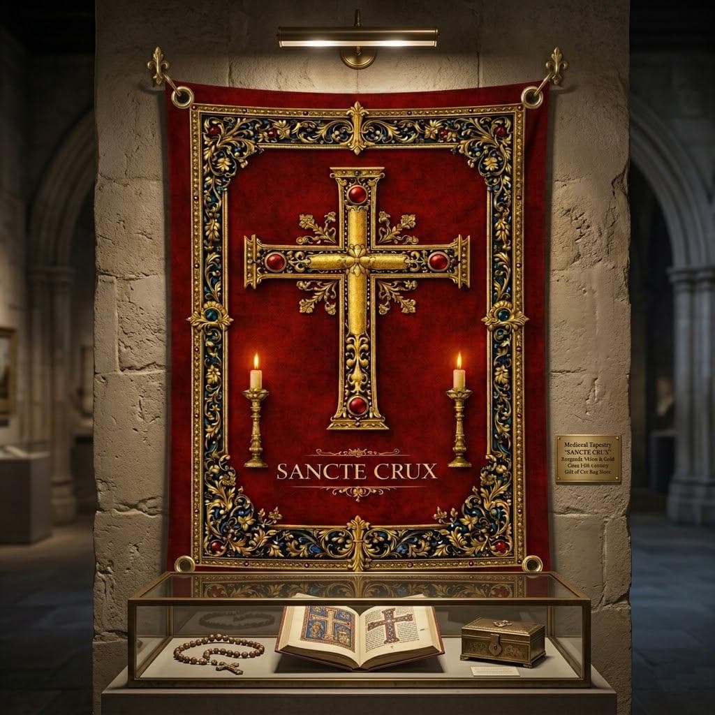 Sancte Crux Tapestry, Ornate Gold Cross Wall Hanging, Medieval Gothic Catholic Decor, Red Christian Religious Art, Prayer Room Gift - image 4