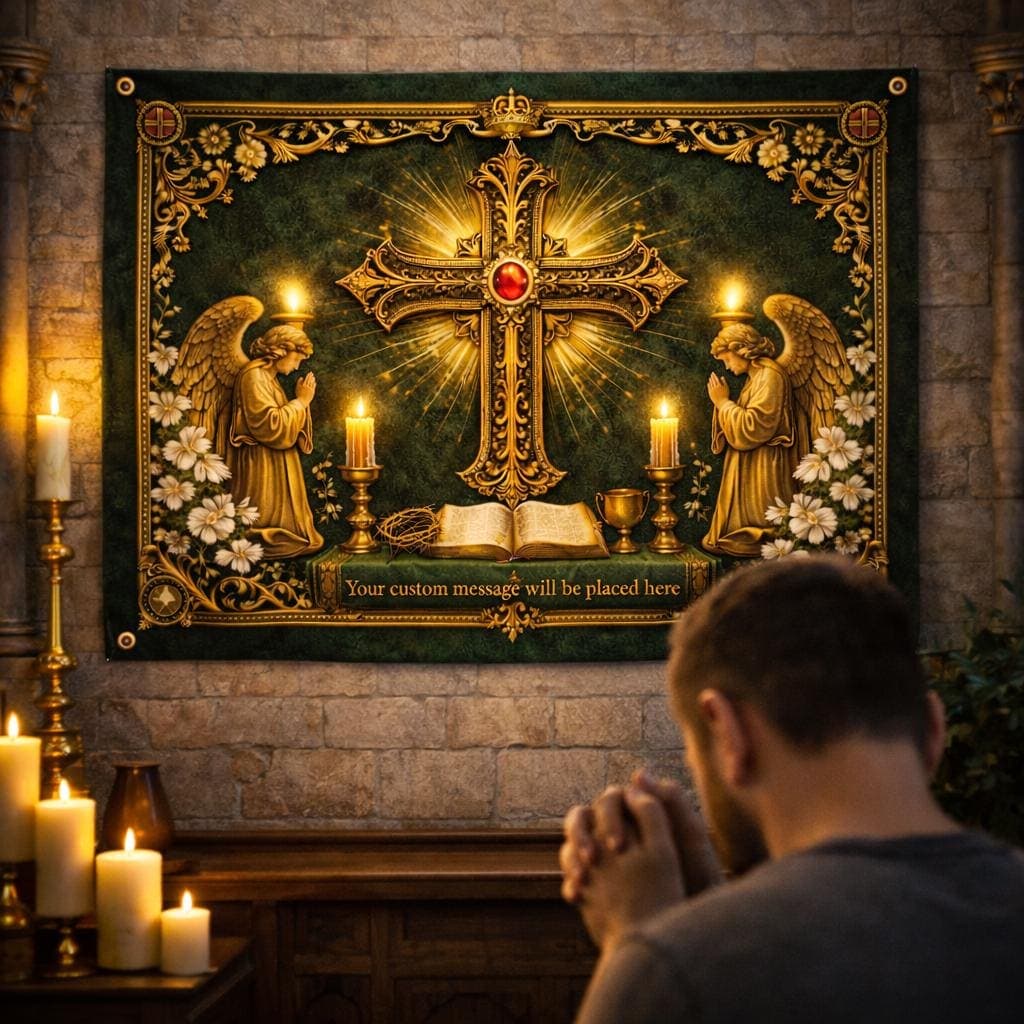 Vintage Golden Cross Wall Hanging, Praying Angels Christian Tapestry, Catholic Prayer Room Decor, Gothic Religious Art, Holy Bible Gift - image 4