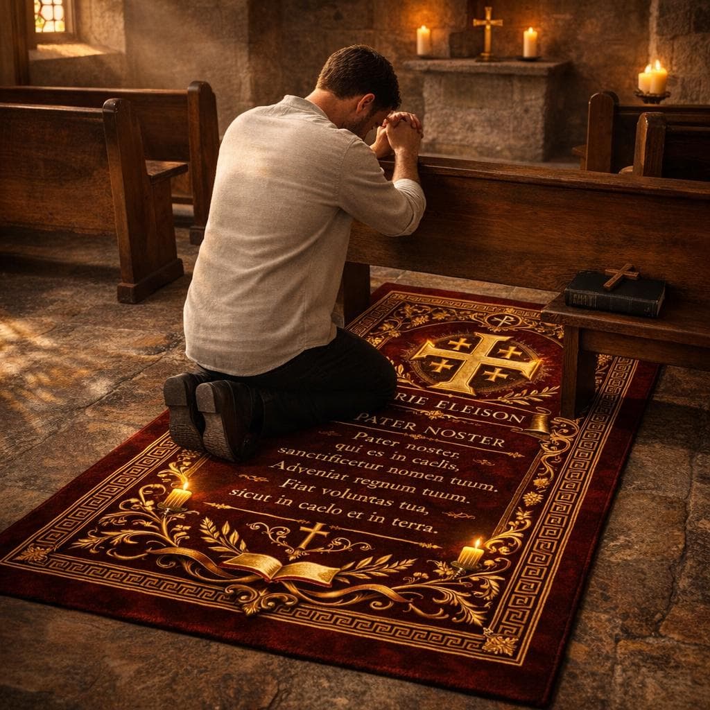 Jerusalem Cross Prayer Rug, Kyrie Eleison Rug, Pater Noster Prayer Mat, Catholic Prayer Rug, Christian Prayer Carpet, Religious Prayer Rug - image 3