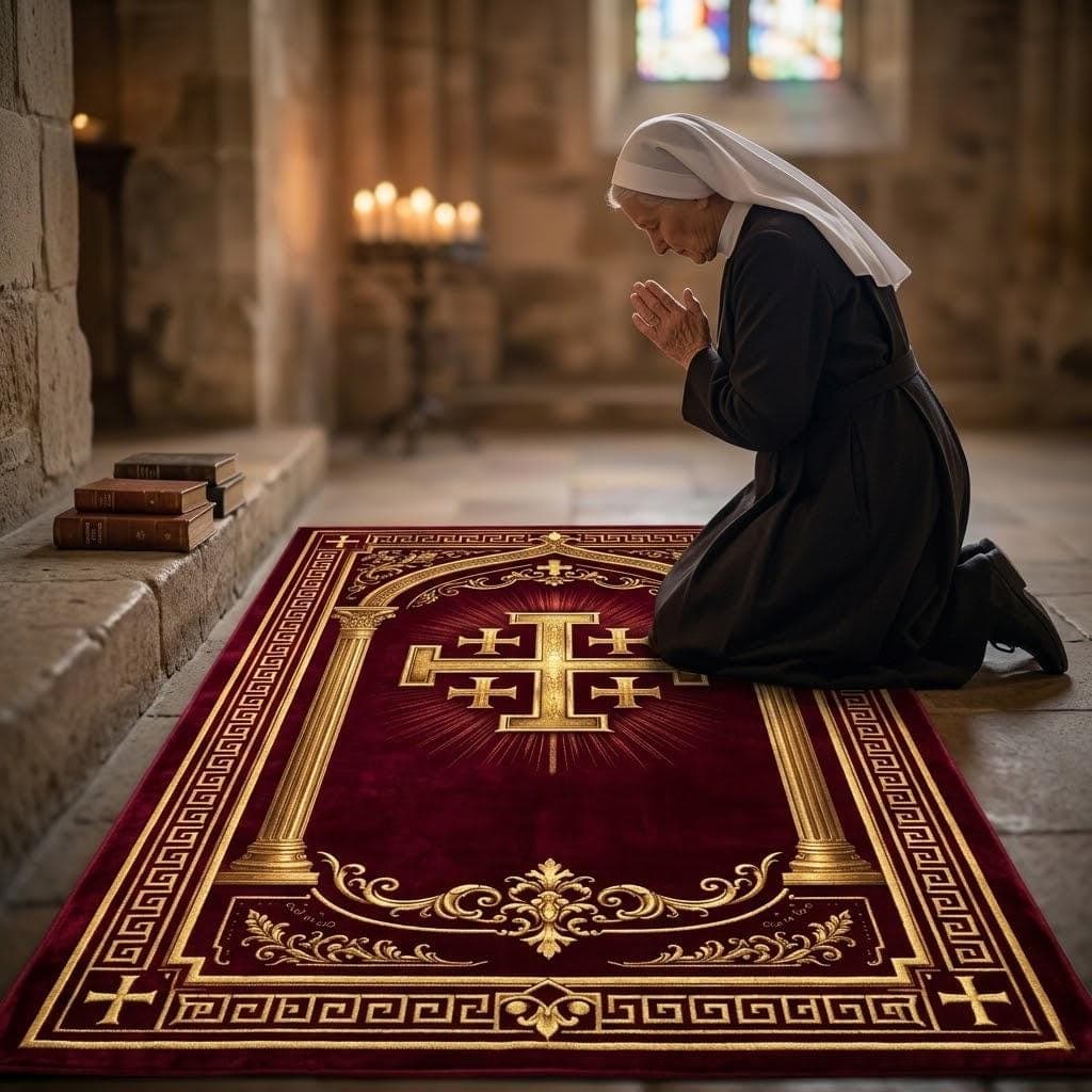 Christian Prayer Rug, Jerusalem Cross Kneeling Mat, Catholic Sacred Space Decor, Red Gold Orthodox Carpet & Spiritual Devotional Gift - image 4