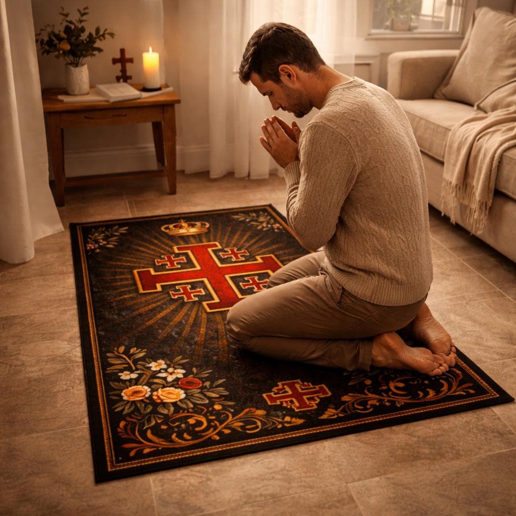 Jerusalem Cross Christian Prayer Rug | Vintage Catholic Kneeling Mat | Gothic Spiritual Home Decor | Royal Crown Religious Gift - image 2