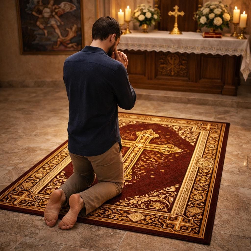 Christian Cross Prayer Rug, Catholic Prayer Mat, Religious Prayer Rug, Christian Prayer Carpet, Church Prayer Rug, Christian Home Decor - image 3