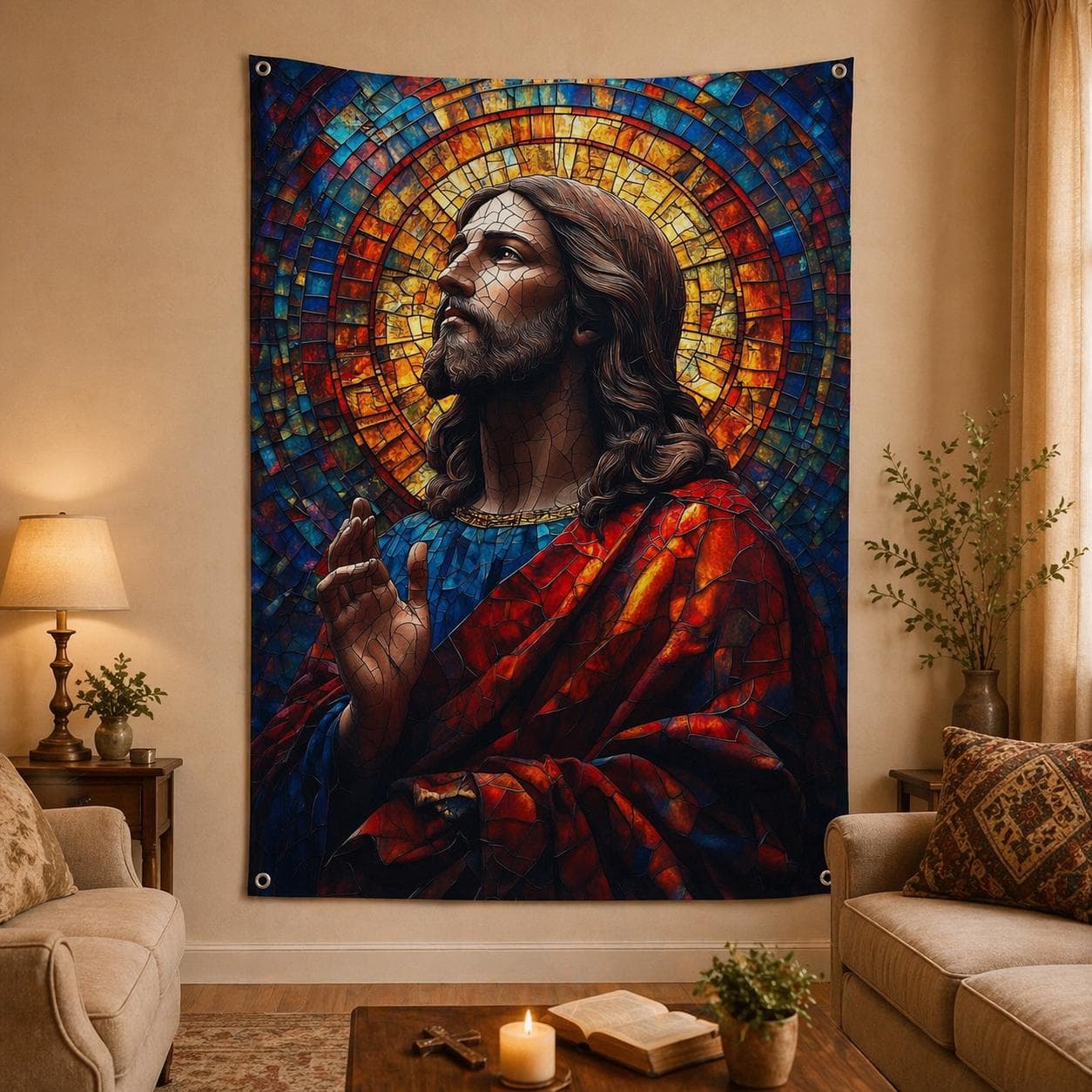 Jesus Christ Tapestry Stained Glass Wall Art Christian Home Decor Religious Wall Hanging Catholic Gift Spiritual Mosaic Wall Rug Easter Gift - image 4