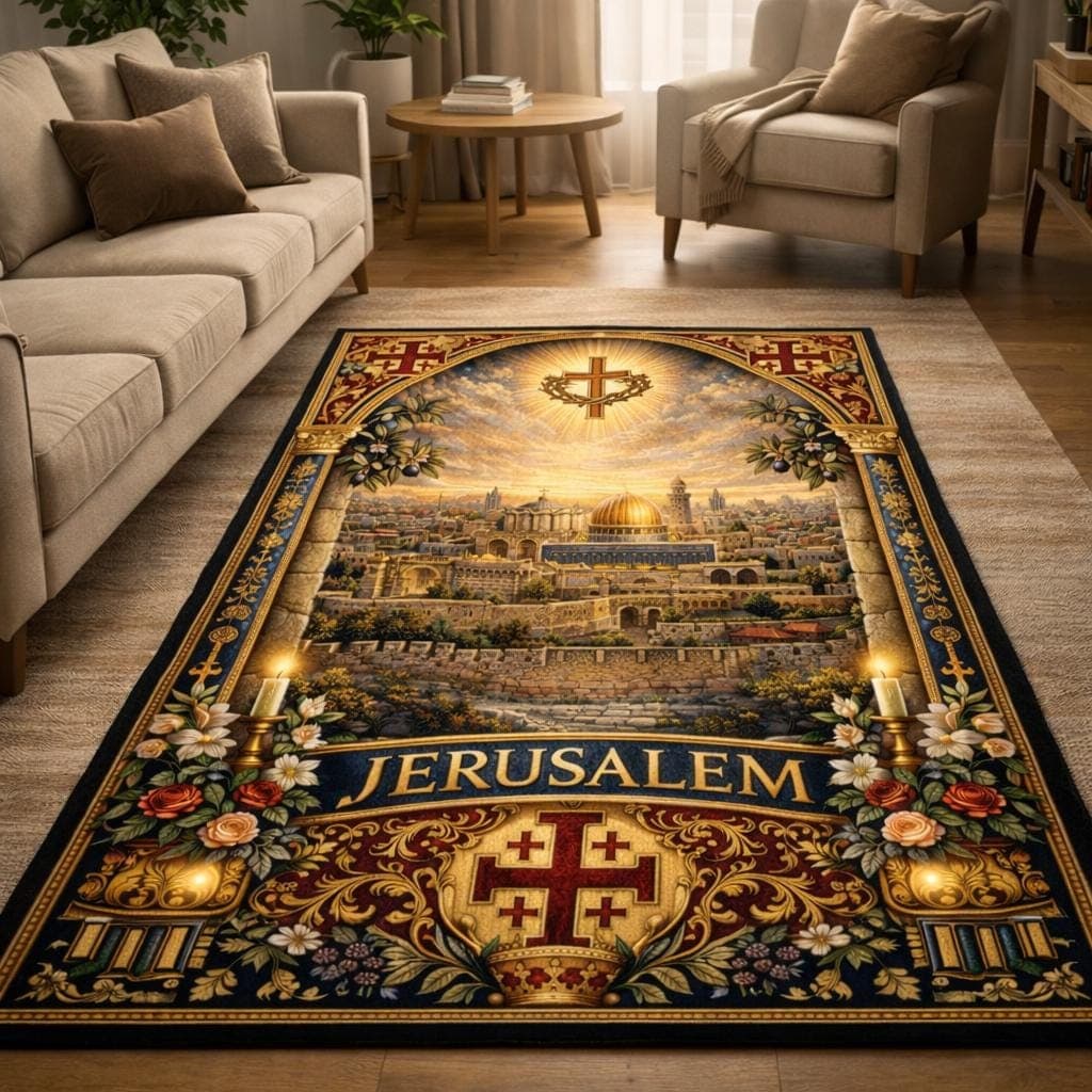 Christian Prayer Rug, Jerusalem Cross Kneeling Mat, Catholic Home Decor, Holy Land Spiritual Gift, Orthodox Prayer Pad, Religious Rug - image 3