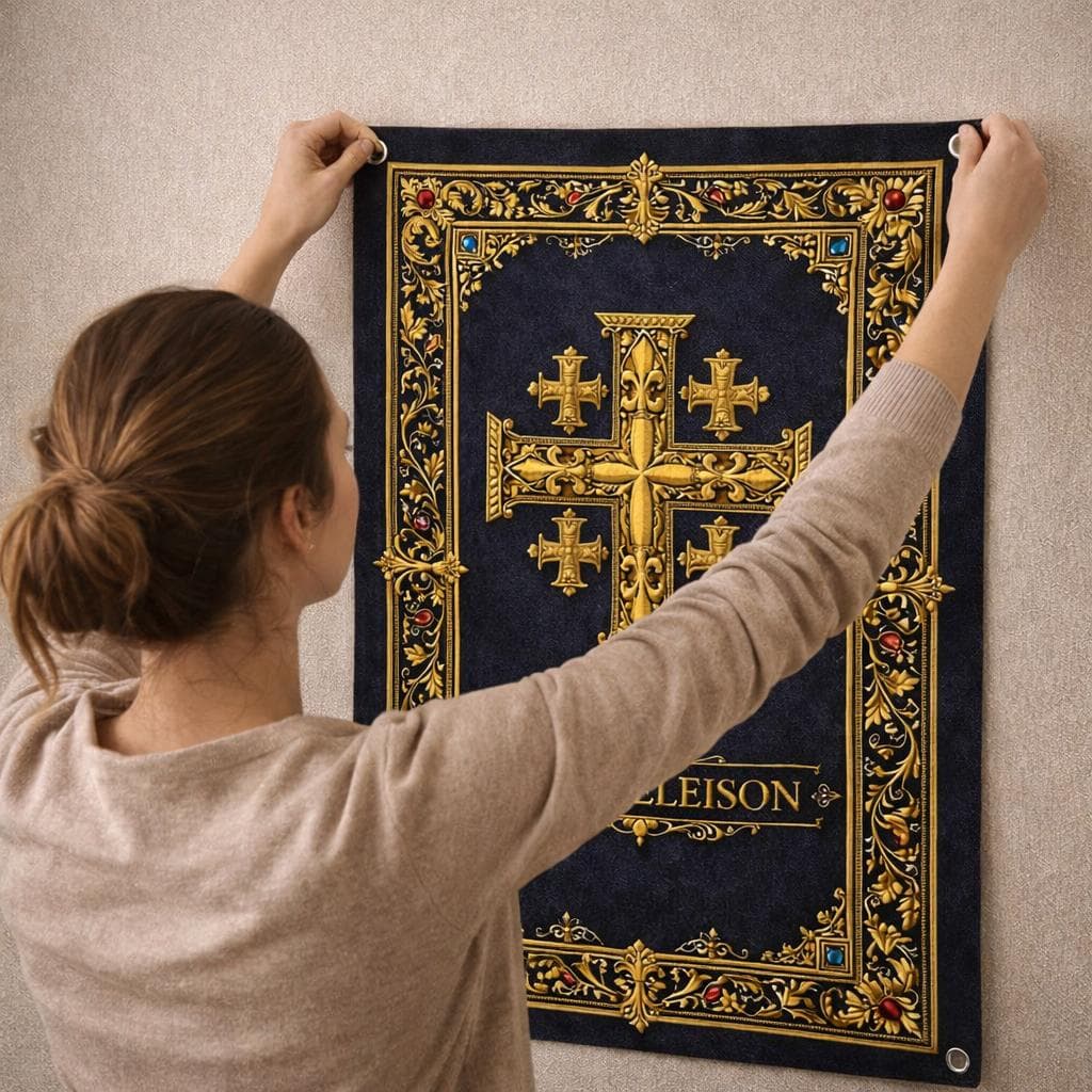 Jerusalem Cross Tapestry, Kyrie Eleison Christian Wall Art, Dark Academia Catholic Decor, Gothic Religious Gift, Room Hanging - image 4