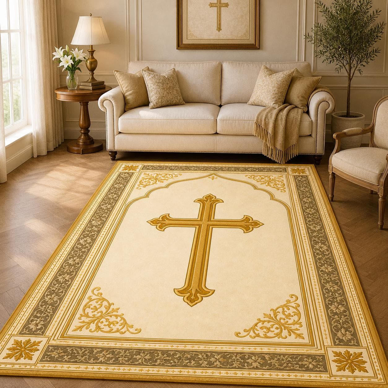 Christian Prayer Mat, Catholic Kneeling Pad, Vintage Gold Cross Rug, Church Altar Decor, Spiritual Baptism Gift, Prayer Room Rug - image 4