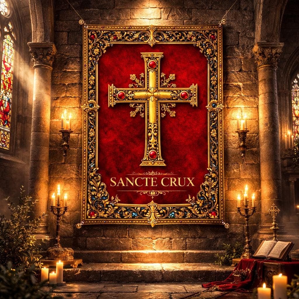 Sancte Crux Tapestry, Ornate Gold Cross Wall Hanging, Medieval Gothic Catholic Decor, Red Christian Religious Art, Prayer Room Gift