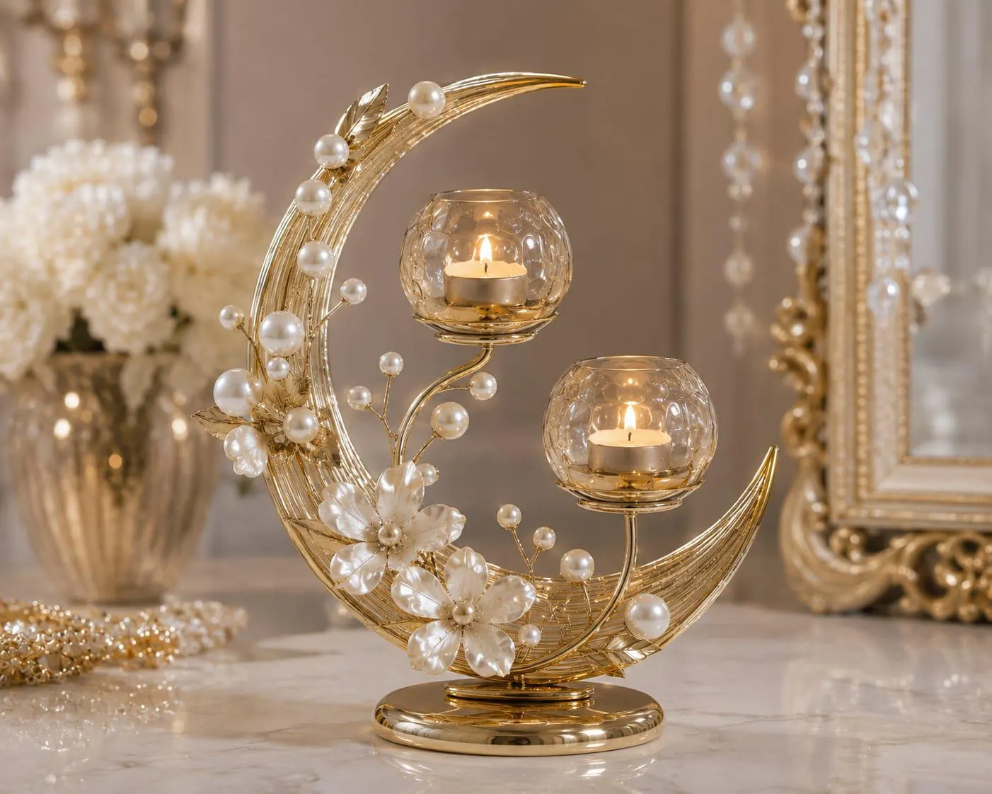 Pearl Crescent Candle Holder, Luxury Wedding Centerpiece, Gold Candle Holder